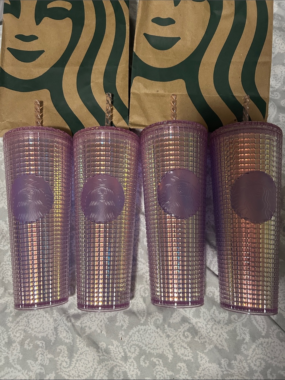 NEW! Starbucks Iridescent Lavender/Pink Cold Cups with Straws - Set of 4